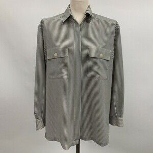 Chaus Women's Top Size 10 Cream Black Striped 100% Polyester Button-Down